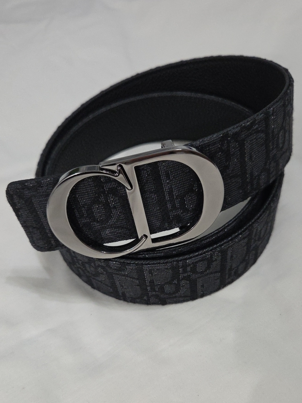 Dior Oblique Canvas Belt CD Silver Buckle Black Reversible